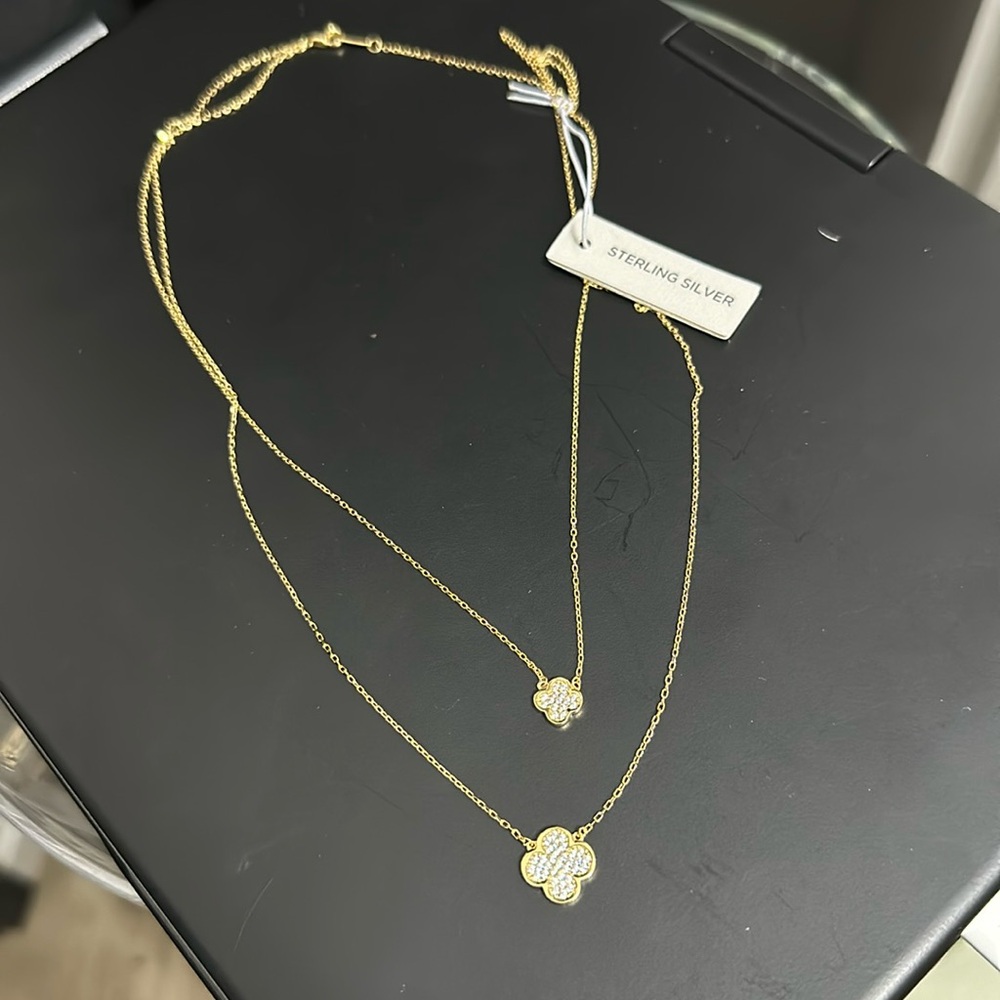 698. Rachel Zoe clover sterling silver double layer CZ necklace